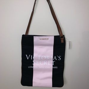 black victoria secret bag with pink stripe